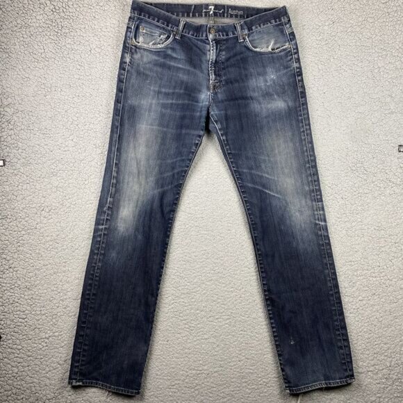 7 For All Mankind Mens Dark Wash Austyn Straight Leg Jeans 38x34 Distressed - Picture 1 of 16